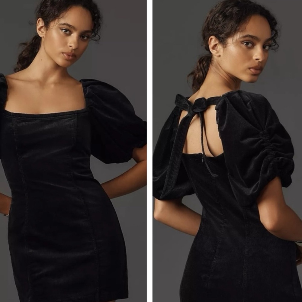 Anthropologie Pilcro Puff-Sleeve Square-Neck Corduroy Mini Dress Black SMALL